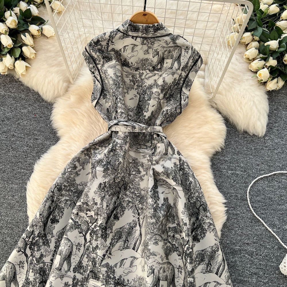 new women's high-end elegant dress - sleeveless, notched collar, cinched waist, single-breasted, ink wash painting jacquard maxi dress