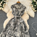 new women's high-end elegant dress - sleeveless, notched collar, cinched waist, single-breasted, ink wash painting jacquard maxi dress