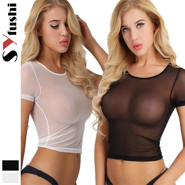 Europe and the United States popular  sexy transparent temptation short-sleeved exposed navel mesh yarn home women's pajamas tight underwear