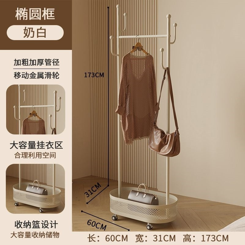 Bedroom floor-standing secondary net clothes hanger, small clothes hanger with dirty clothes basket, movable coat rack, round frame black