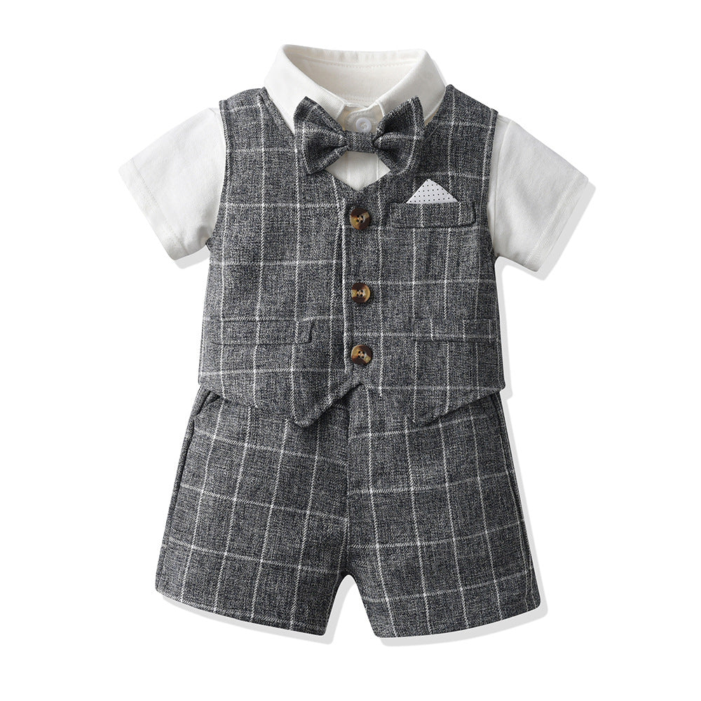 New british style boys' summer short-sleeve outfit: plaid vest suit for kids, perfect for baby's first birthday or special occasion