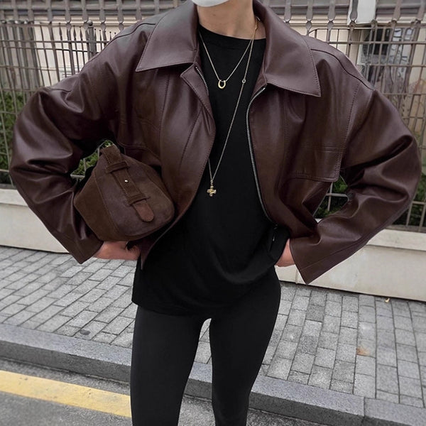 Vintage brown PU leather jacket women's 2025 winter new  locomotive wind loose lapel leather jacket women's clothing