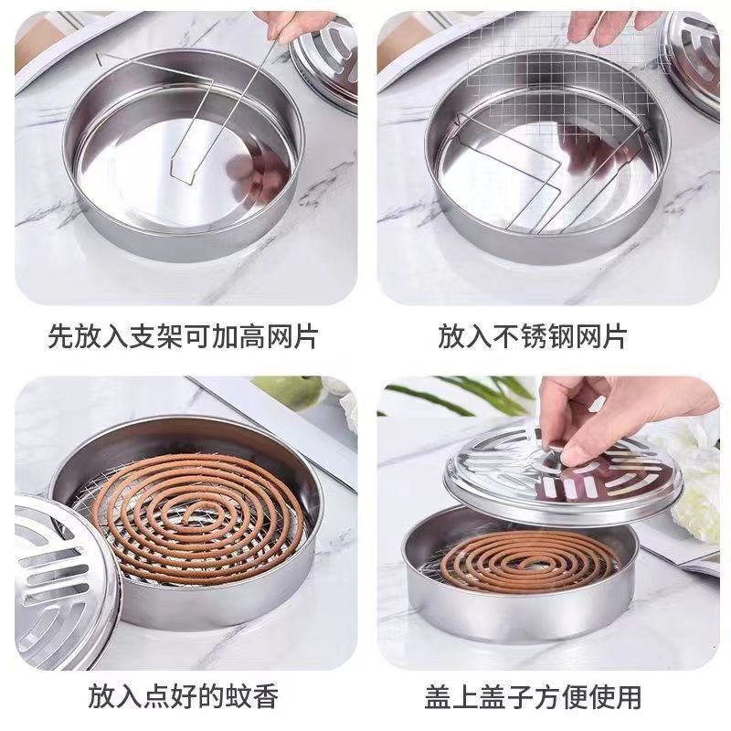 Mosquito coil tray Fireproof incense burner Stainless steel shelf tray Household creative gray tray with lid Anti-scalding outdoor mosquito coil box
