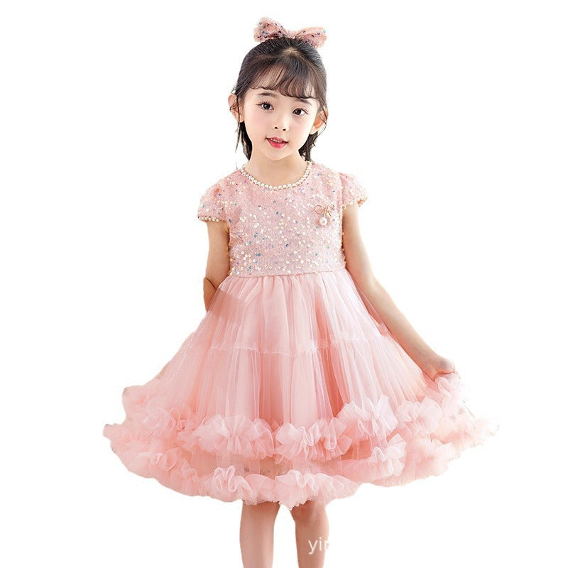 Ready-to-ship girls' short-sleeve sequin tutu princess dress - mesh children's skirt, perfect for 3-12 year olds, birthday celebrations, and first birthday parties