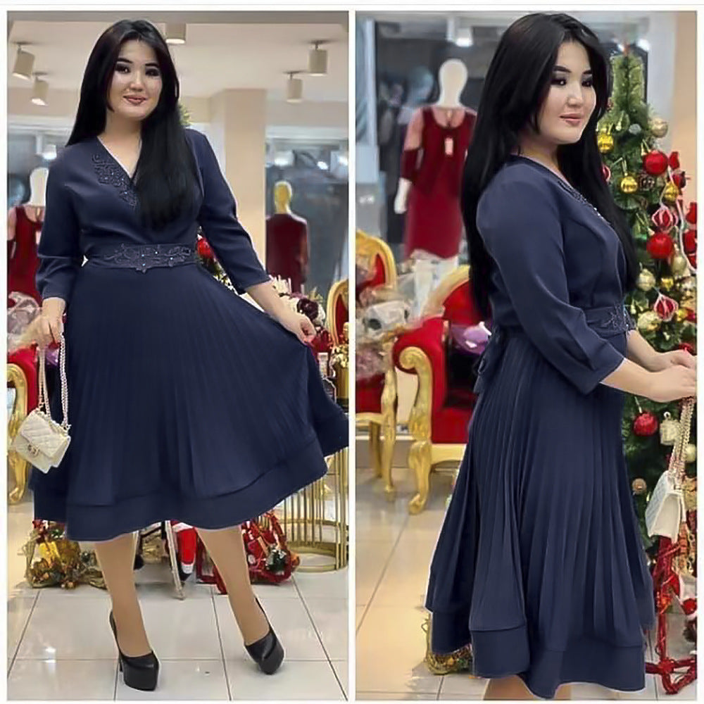 African women's clothing ebey   european and american foreign trade plus size new fresh sweet v-neck pleated skirt