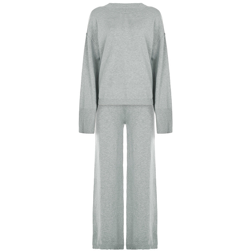 Cross-border fashion casual woolen suit pullover loose top turned waist head straight trousers loungewear two-piece set women