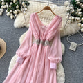 Elegant v-neck lantern sleeve dress - korean style, diamond embellished, slimming, and graceful maxi dress