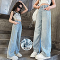 Girls' summer pants: lightweight tencel denim jeans,  new summer collection, straight-leg wide-leg trousers for girls and big girls