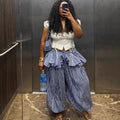 Fashion cross-border women's clothing  summer new style elegant lapel stripes sleeveless tops leather curtain wide-leg pants suit