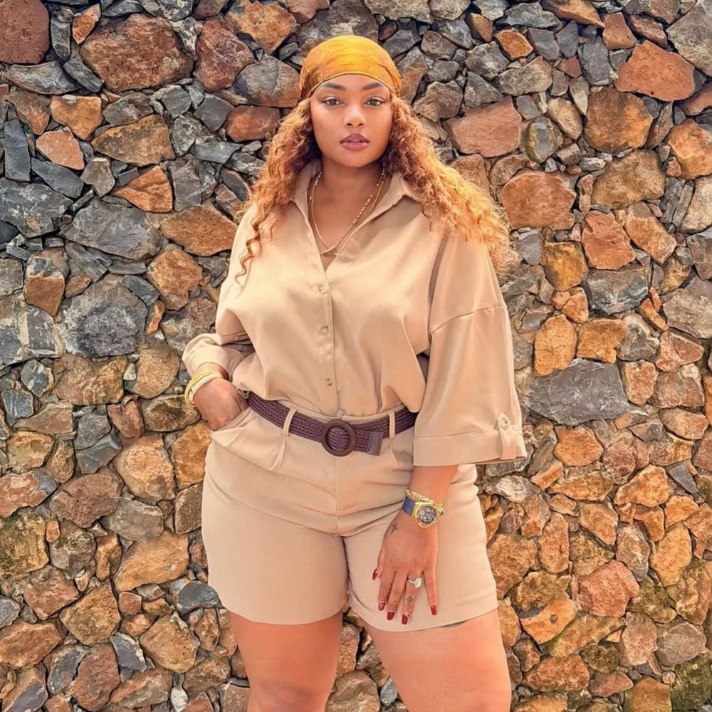 african women's clothing  summer new collection: casual solid color loose plus size blouse and high-waisted shorts fashion set
