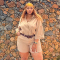 african women's clothing  summer new collection: casual solid color loose plus size blouse and high-waisted shorts fashion set
