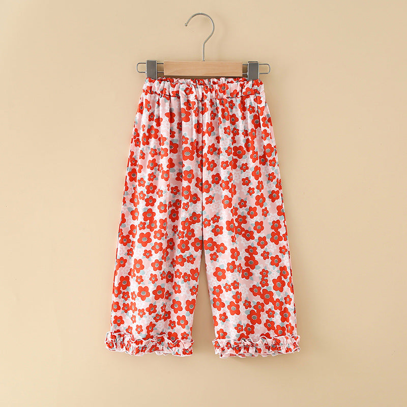 Girls' rayon summer lightweight pajama pants - cartoon print, loose fit, breathable, can be worn outdoors, cropped length