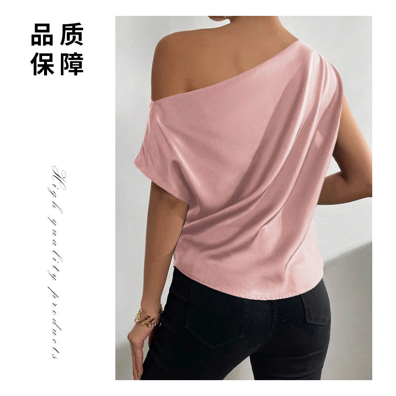 spring solid color satin faux silk asymmetrical one-shoulder off-the-shoulder sleeveless pullover blouse - european & american style women's clothing