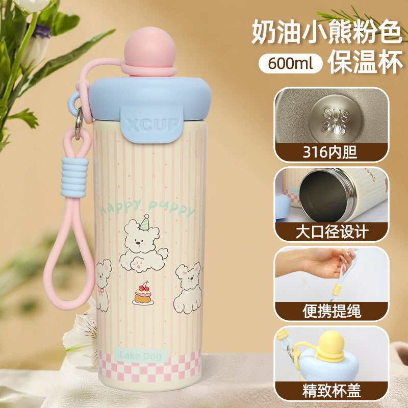 New 316 stainless steel cute cartoon cup - student outdoor portable sippy cup with carry strap and cute animal float