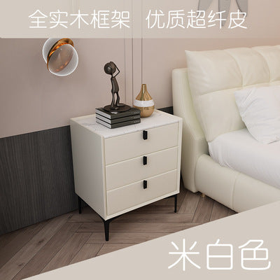 Ready-to-ship, modern, minimalist faux leather bedside table with three drawers, italian-style high-end, popular bedroom solid wood nightstand