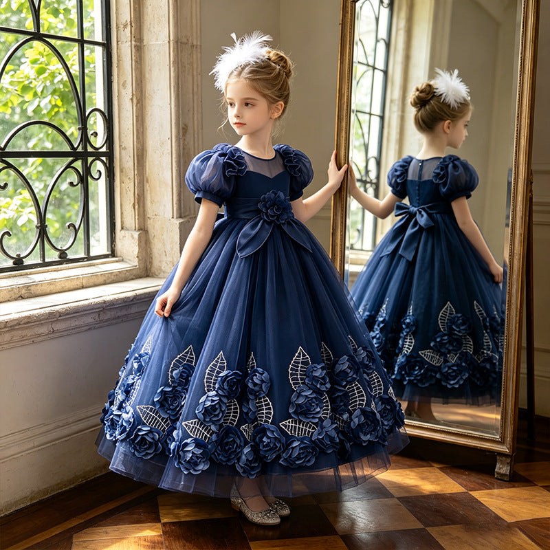 Girls' formal dress - long, puff sleeve, flower girl wedding dress, tulle, piano recital performance dress - in stock & wholesale