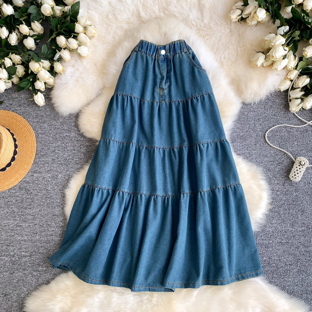K-style denim a-line fashioneasiest for match skirt women's summerhigh waistslimming look elastic waist cake skirt long skirt work clothing