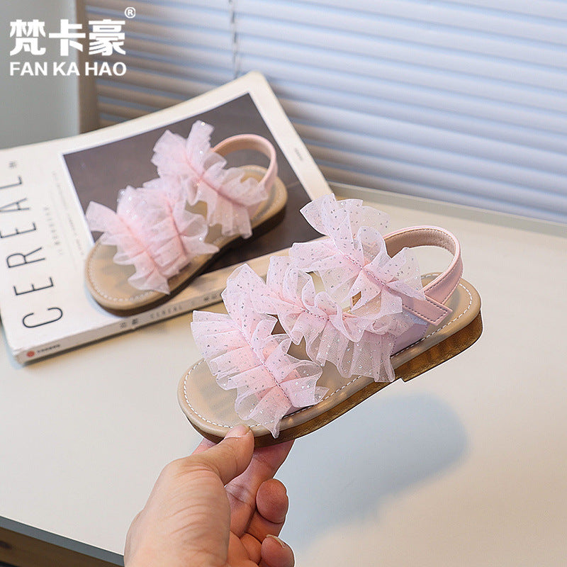 Fancahao shein mesh girls' princess shoes  summer new children's soft sole sandals flat beach shoes
