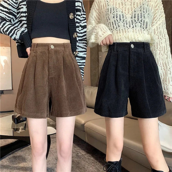 2023 autumn and winter large size fat mm wide-leg pants women's high waist and thin corduroy A-word shorts small casual boots