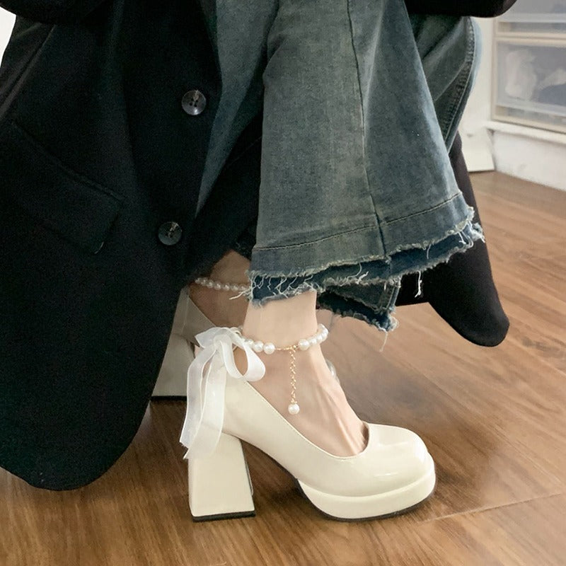 Mary jane shoes women's leather shoes 2025 leather new women's shoes petitesthick sole women's shoes high heels white shoes wedding shoes