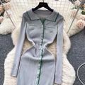 Korean chic autumn retro lapel color block single-breasted waist-defining slimming elegant slit bodycon knit dress