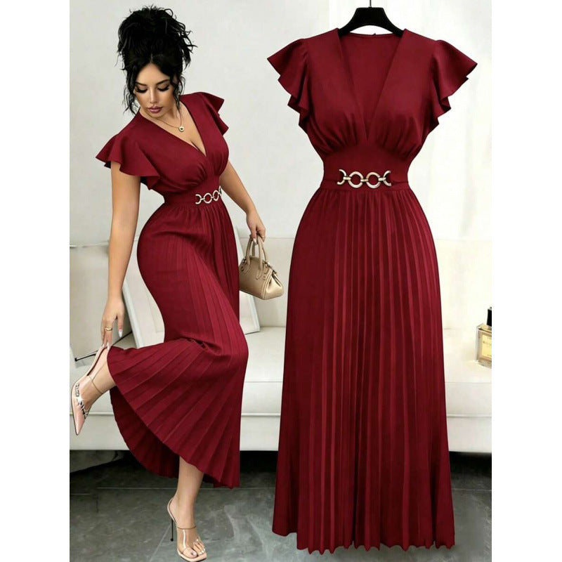 Amazon fashion  summer deep v neck ruffles sleeve pleated design waist elegantdress women