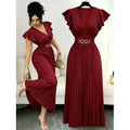 Amazon fashion  summer deep v neck ruffles sleeve pleated design waist elegantdress women