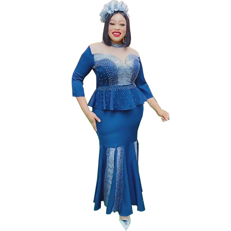 African cross-border sourcing:  new slim-fit, heavily embellished hotfix rhinestone plus-size maxi dress, high-waisted, elegant two-piece set