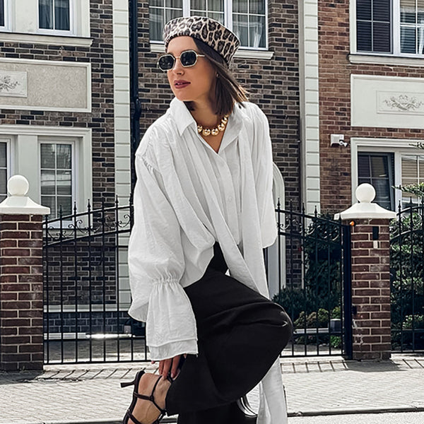 French Fashion White Flared Sleeve Top Women's 2024 Autumn New Commuter Loose Ribbon Shirt Wholesale Women's Clothing