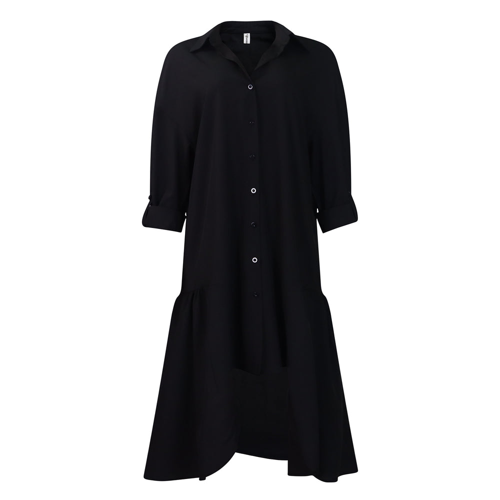 C8581  summer new fashion loose long sleeve asymmetrical midi dress solid color plus size foreign trade dress