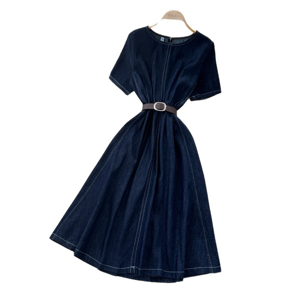Korean style commute denim short-sleeve dress -  summer, elegant, versatile, high-waisted, cinched waist a-line skirt