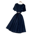 Korean style commute denim short-sleeve dress -  summer, elegant, versatile, high-waisted, cinched waist a-line skirt