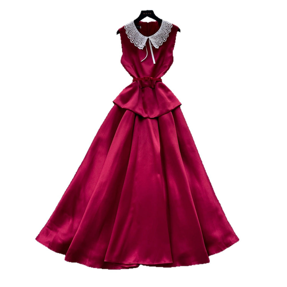 Celebrity style lace doll collar red a-line dress female summer pure lust style high waist waist elegant long skirt work clothing