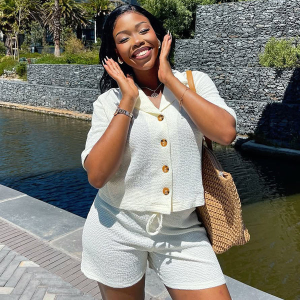 African women's suit large size suit collar solid color shirt casual shorts summer European and American fashion foreign style two-piece suit women