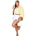 European and american cross-border women's fashion:  autumn new arrival - stylish turn-down collar, loose fit, button-down, three-quarter sleeve yellow striped blouse