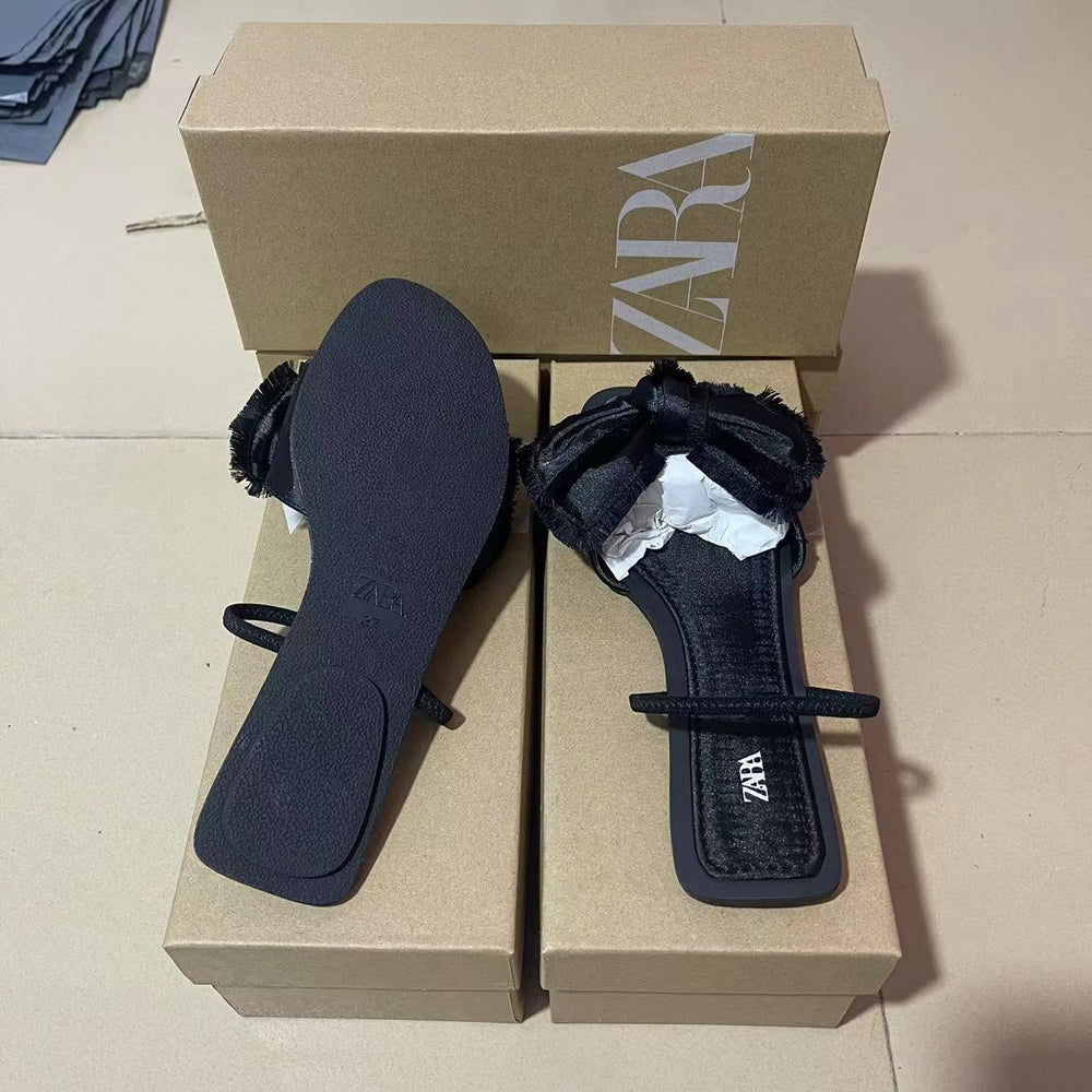 Za2024 summer new black flat sandals with back strap and bow detail - stylish women's outdoor sandals