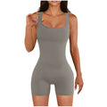 summer women's zipper solid color square neck sleeveless waist tight one-piece shorts yoga pants