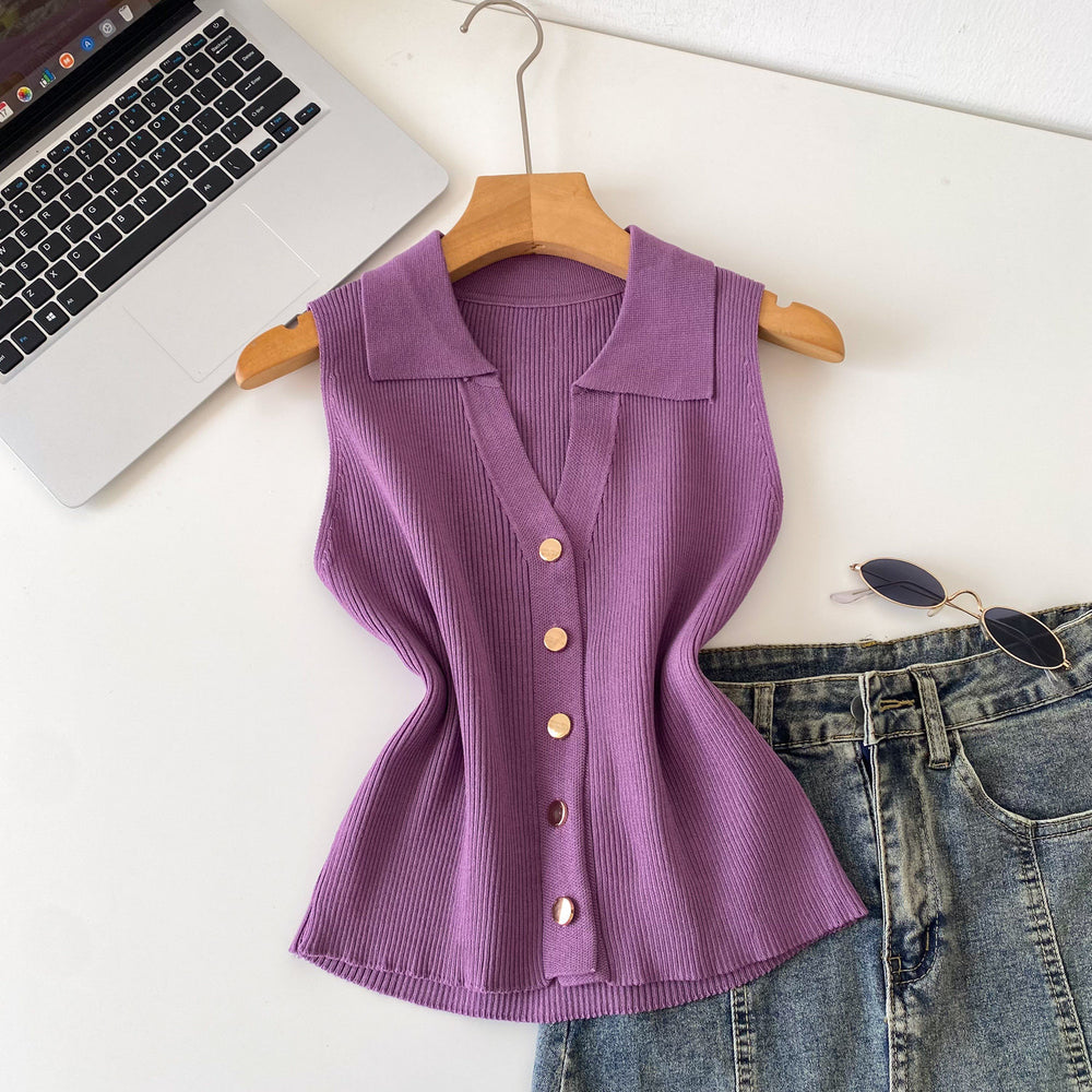 Light mature style sense of design lapel sleeveless knitting vest women's summerkorean style single breasted silm thin tops multi-color