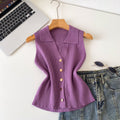 Light mature style sense of design lapel sleeveless knitting vest women's summerkorean style single breasted silm thin tops multi-color