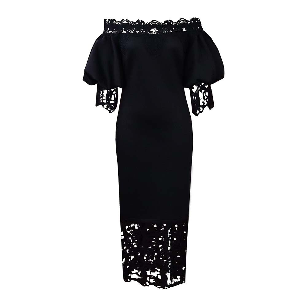 women's new one-line collar lacepatchwork banquet evening dress lantern sleeve ol bridesmaid dress exportdress