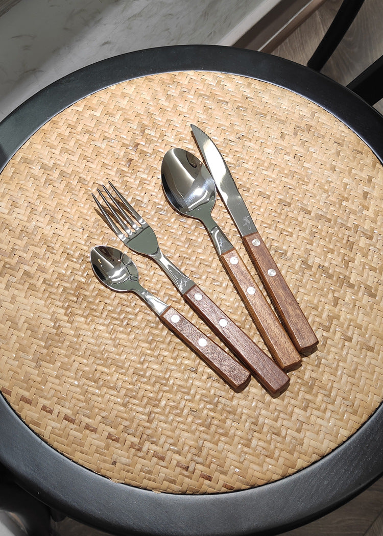 Factory direct sales scandinavianins style 304 stainless steel huanghuali wooden handle knife, fork, spoon, tea spoon, western food tableware suit