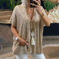 new european and american  style short-sleeve urban casual loose fit pullover sequin v-neck t-shirt top for women
