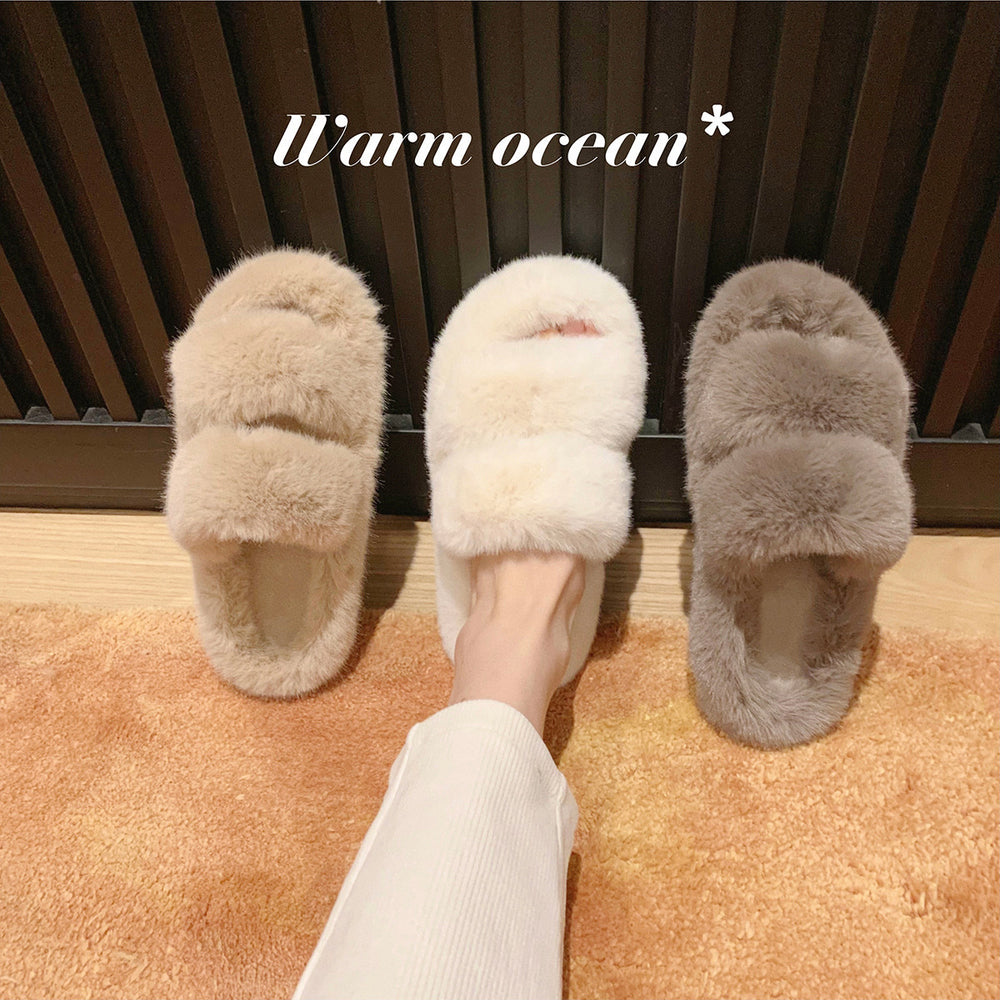 New arrival parallel strap best selling fur slippers for women fall and winteroutwearplatform shoesthick soleheight-increasing soft bottomfor homeoutwear cotton slippers