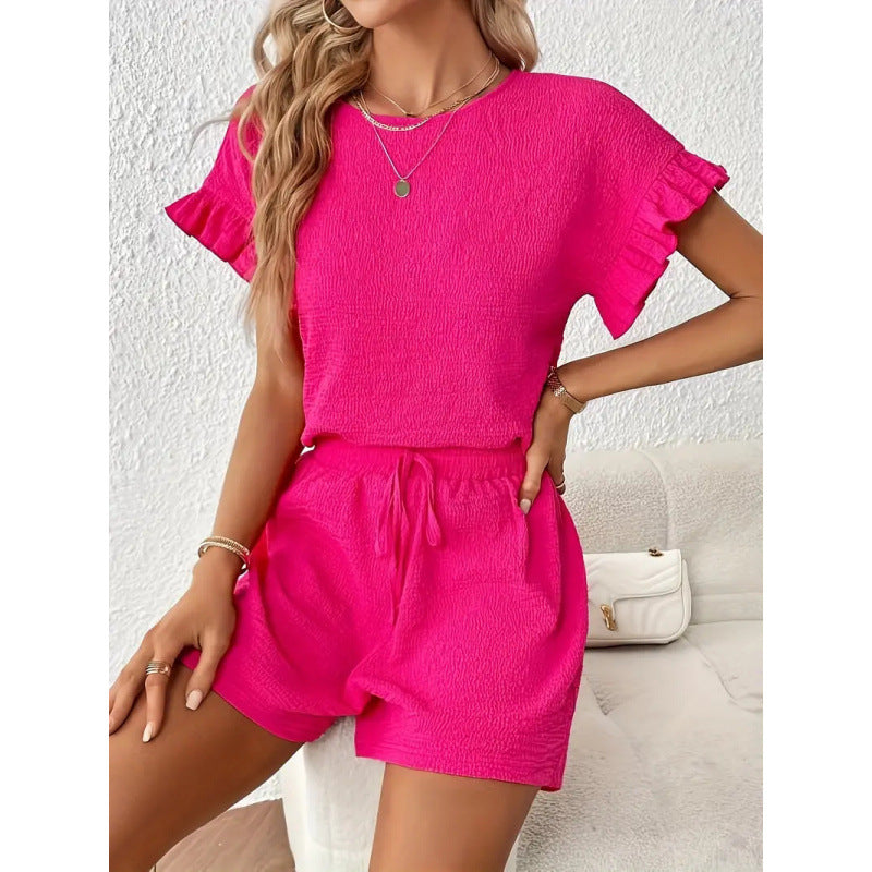 European and american cross-border independent station  solid color summer and spring casual two-piece set: top and shorts