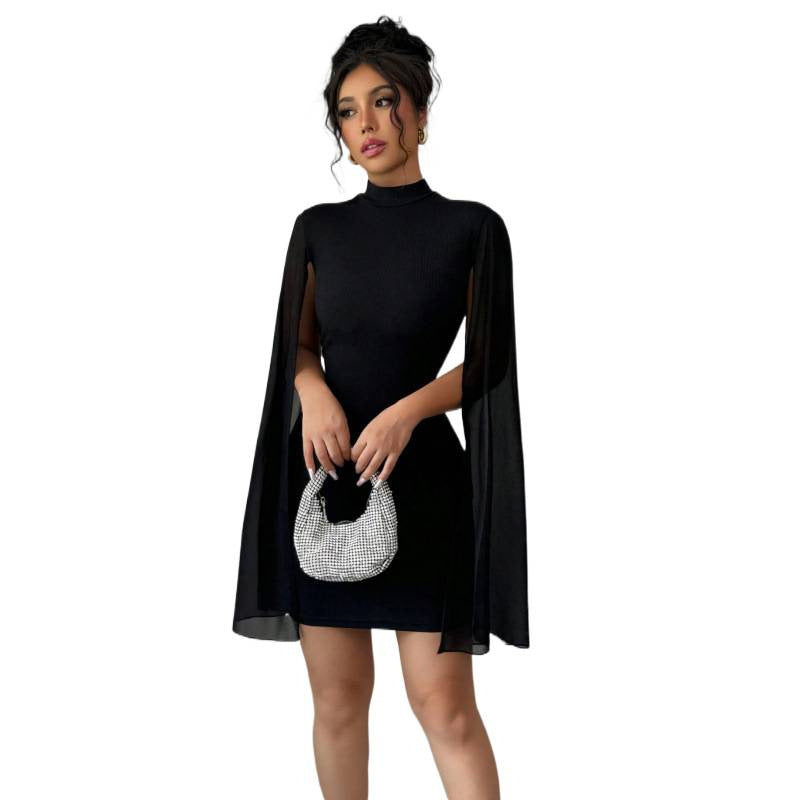 Women's black stand collar cape sleeve bodycon sheer mesh sleeve bodycon dress, women's fashion sexy apparel