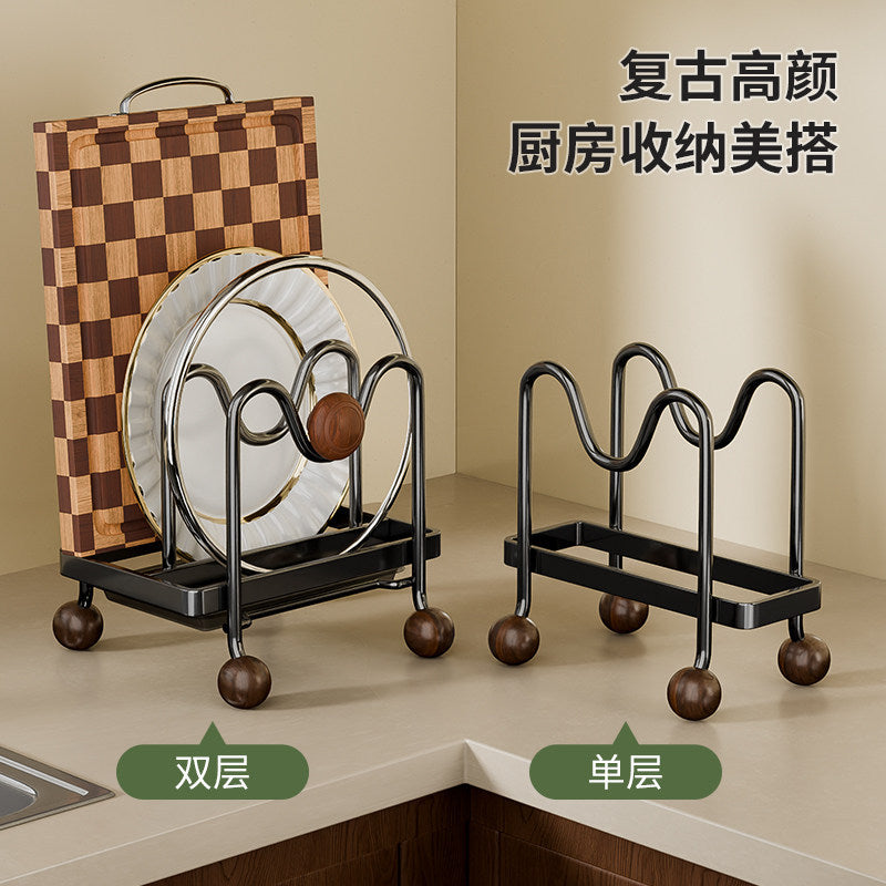 Medieval style countertop pot lid chopping board rack carbon steel kitchen cutting board rack pot spatula spoon vertical drain rack
