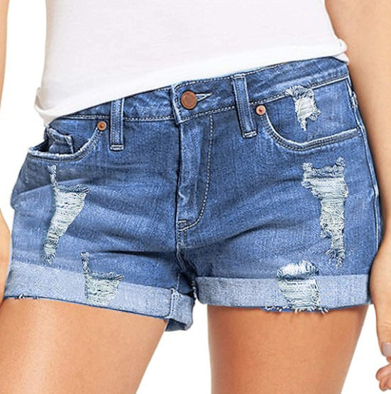 European and American   supply elastic hole flanged denim shorts women