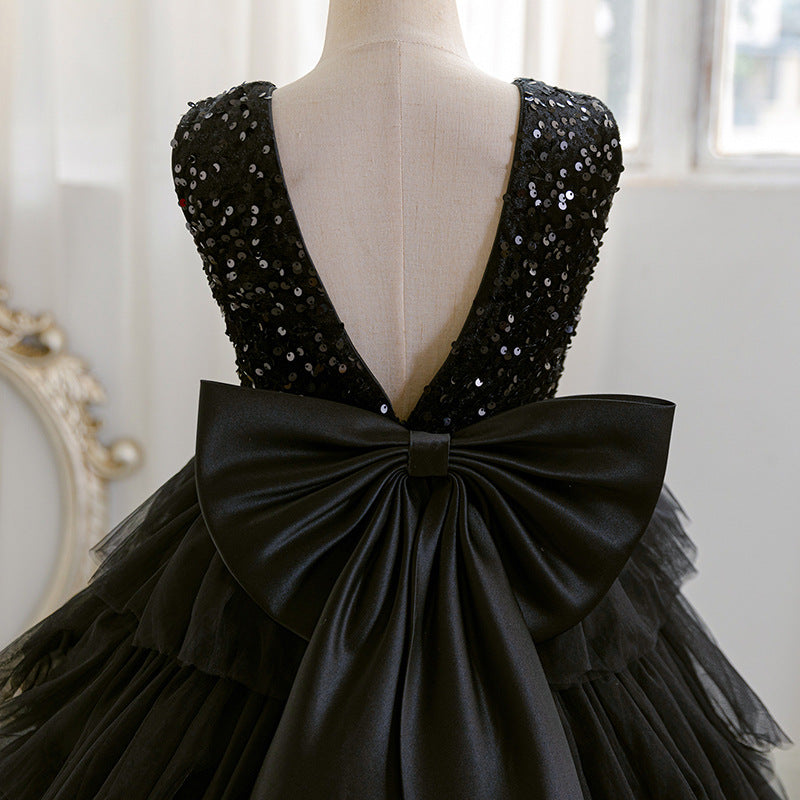 european and american girls' evening dress, long cake skirt, black elegant high-end bow sequin dress, in stock