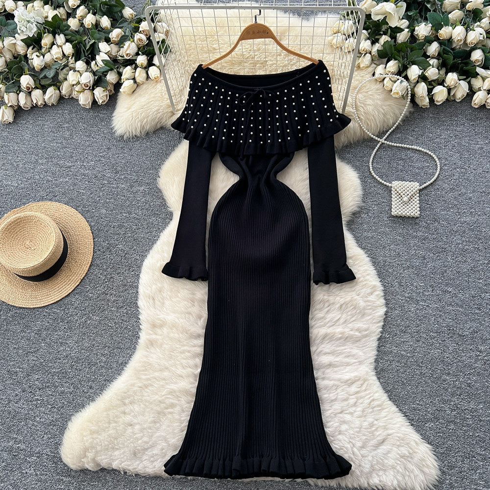 Goddess-style classy one-shoulder ruffles heavy-duty beading waist slimming lookelegantsilm knittingdress for women