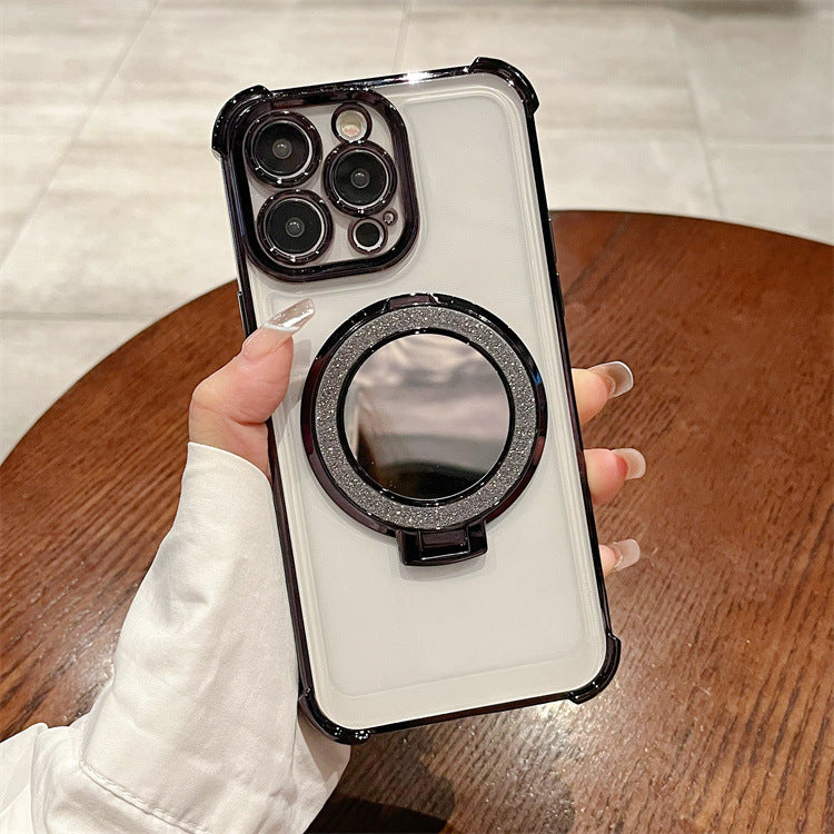 Four-corner electroplated glitter mirror phone case for apple 16 pro, iphone 12/11 with ring stand